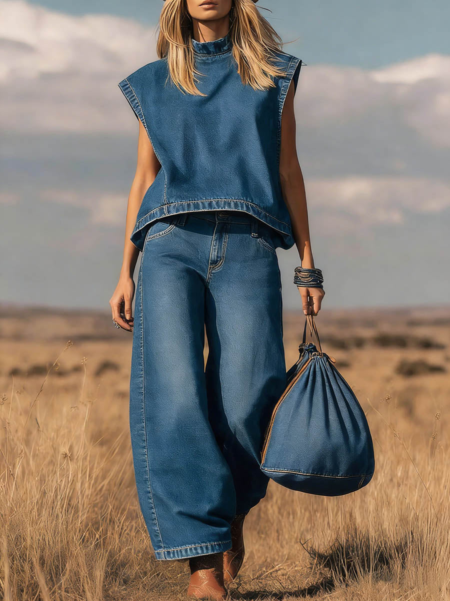 📦📦 New Arrivals🔥 Women's Stand Collar Sleeveless Casual Loose Top and High Waisted Loose Wide Leg Denim Pants Set