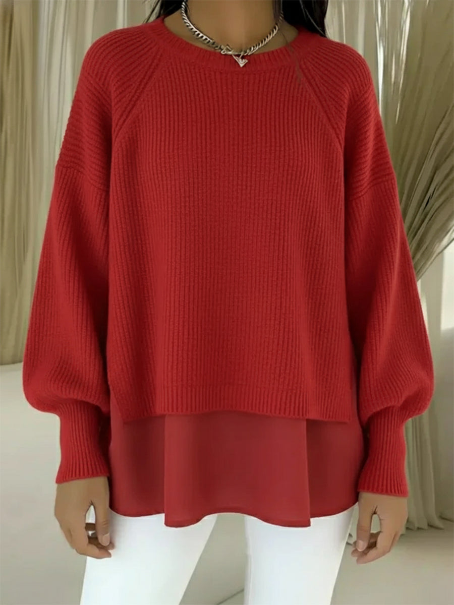 CLEARANCE SALE🔥 Women's Comfortable Patchwork Faux Two-piece Lantern Sleeve Sweater