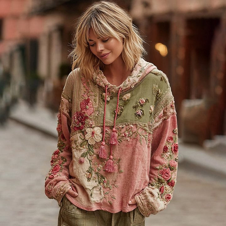 Women's Vintage Floral Patchwork Color Block Hoodie