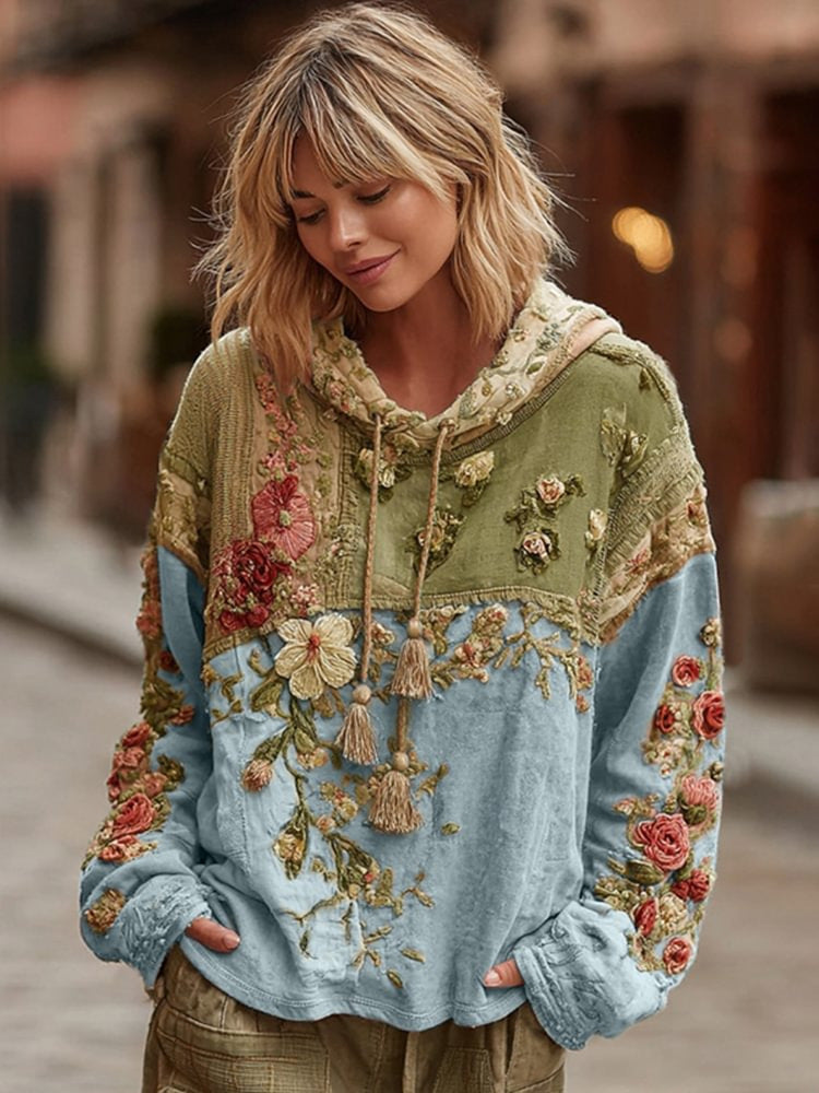 Women's Vintage Floral Patchwork Color Block Hoodie