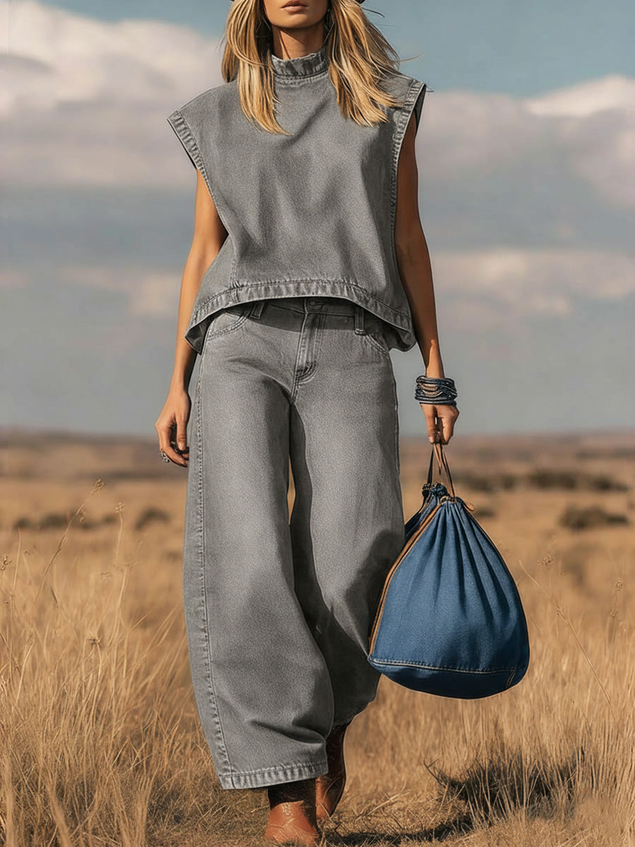 📦📦 New Arrivals🔥 Women's Stand Collar Sleeveless Casual Loose Top and High Waisted Loose Wide Leg Denim Pants Set