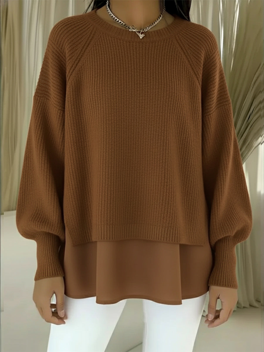 CLEARANCE SALE🔥 Women's Comfortable Patchwork Faux Two-piece Lantern Sleeve Sweater