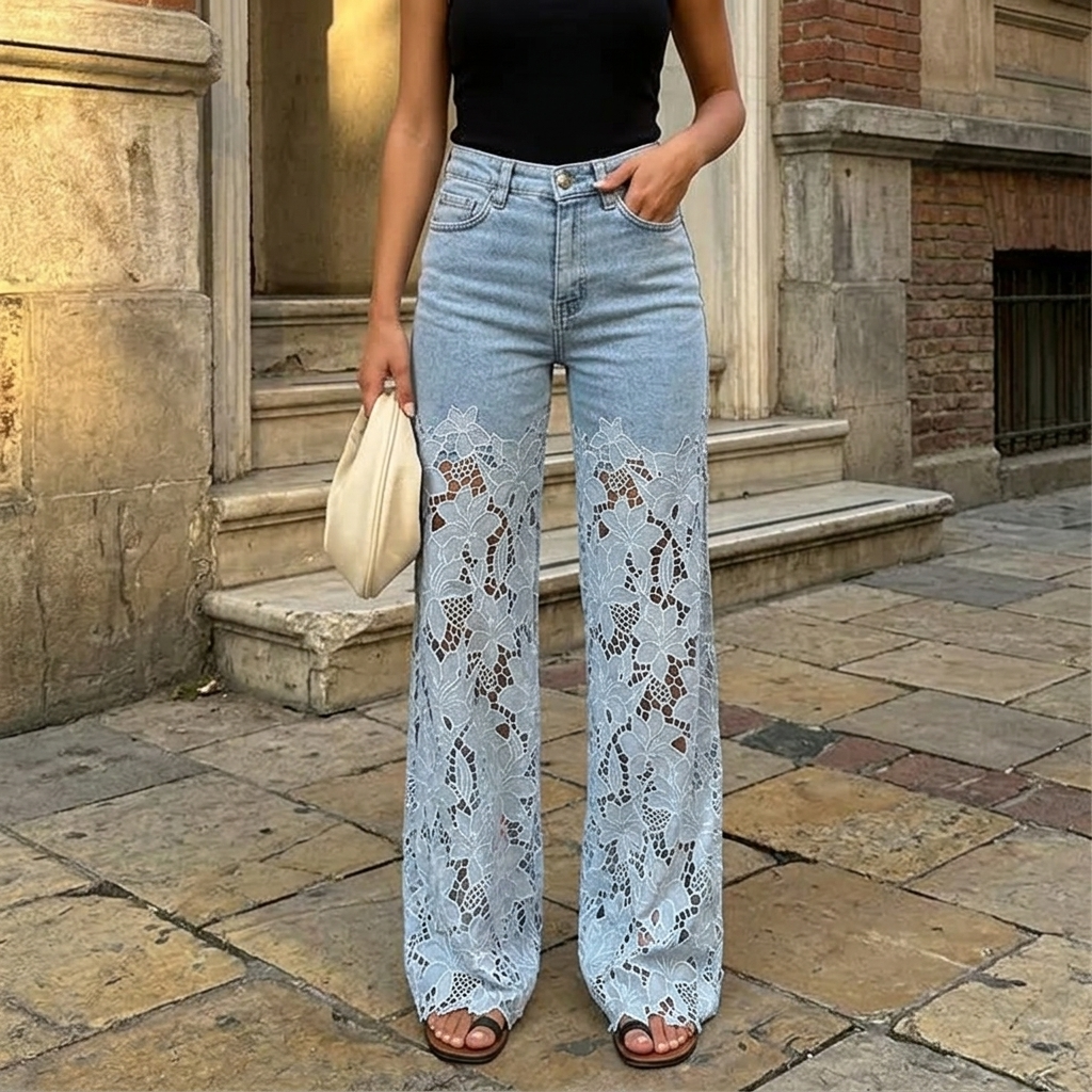 Laceveil™ – Floral Lace Patchwork Wide Leg Jeans