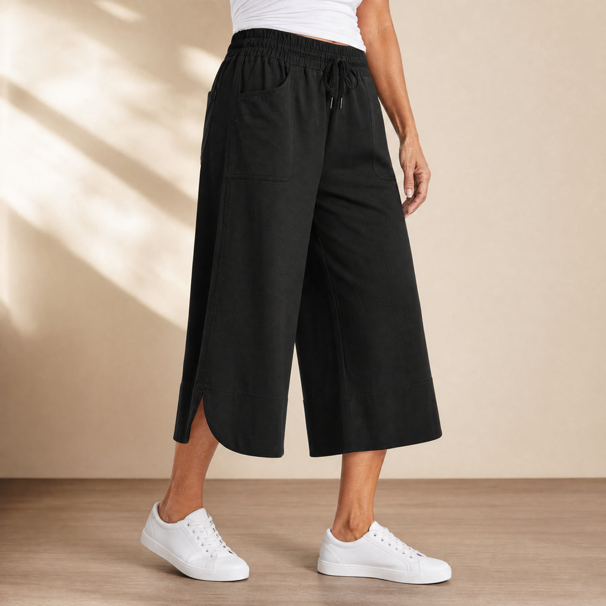 Lounella™ – Soft Cropped Wide-Leg Pants with Pockets