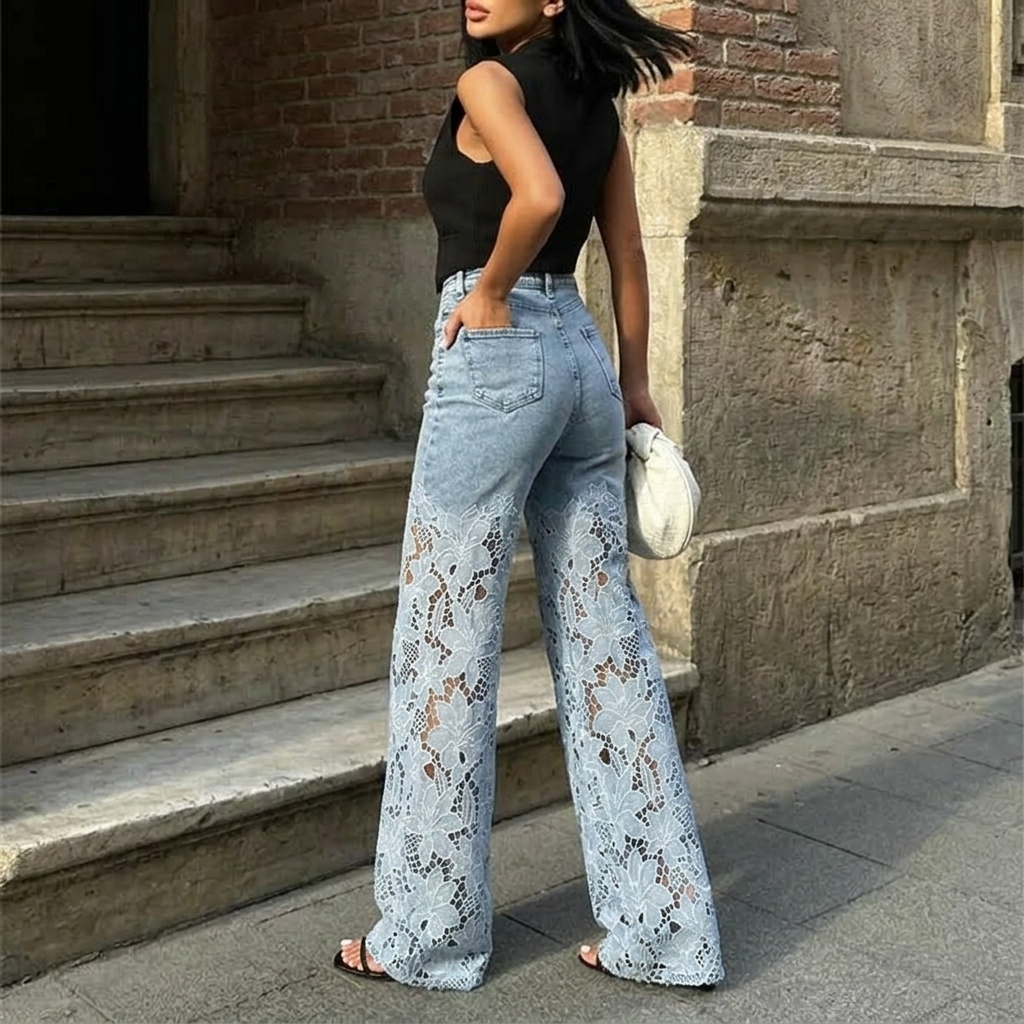 Laceveil™ – Floral Lace Patchwork Wide Leg Jeans