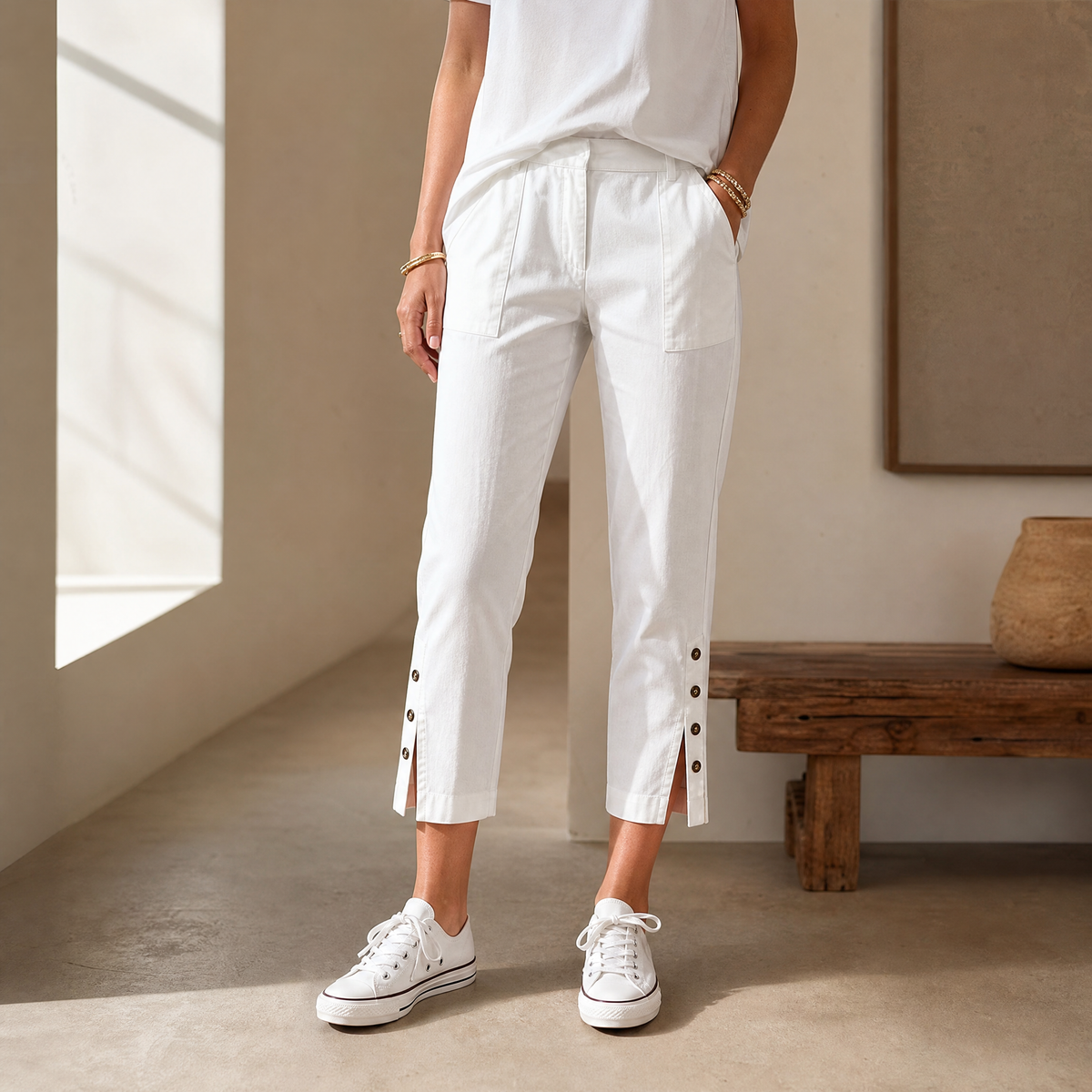 Lunessa™ – Button-Hem Cropped Cotton Pants