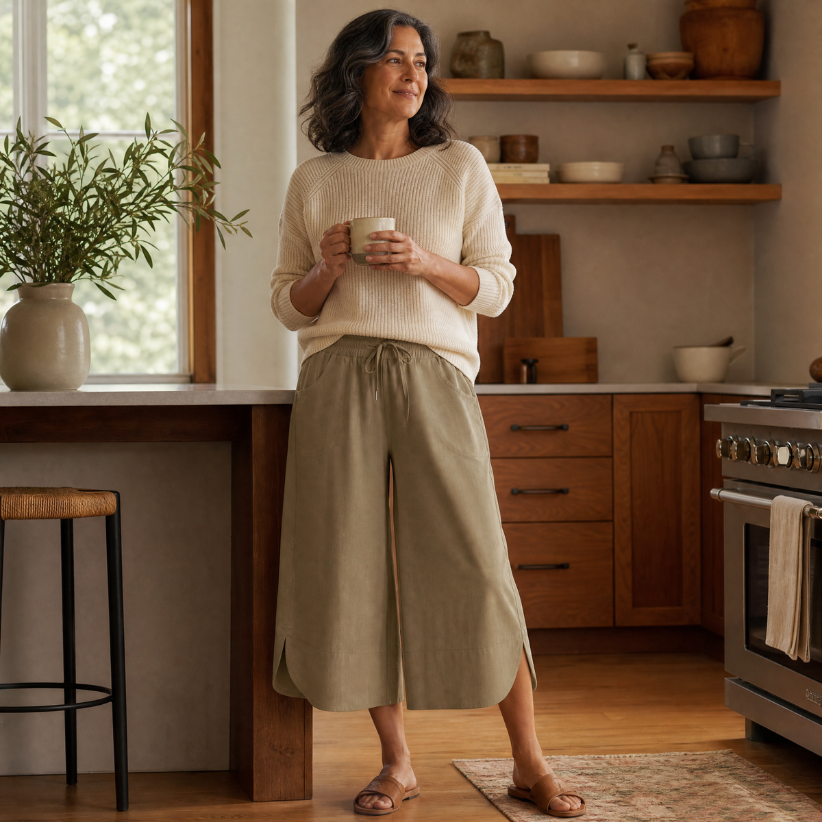 Lounella™ – Soft Cropped Wide-Leg Pants with Pockets